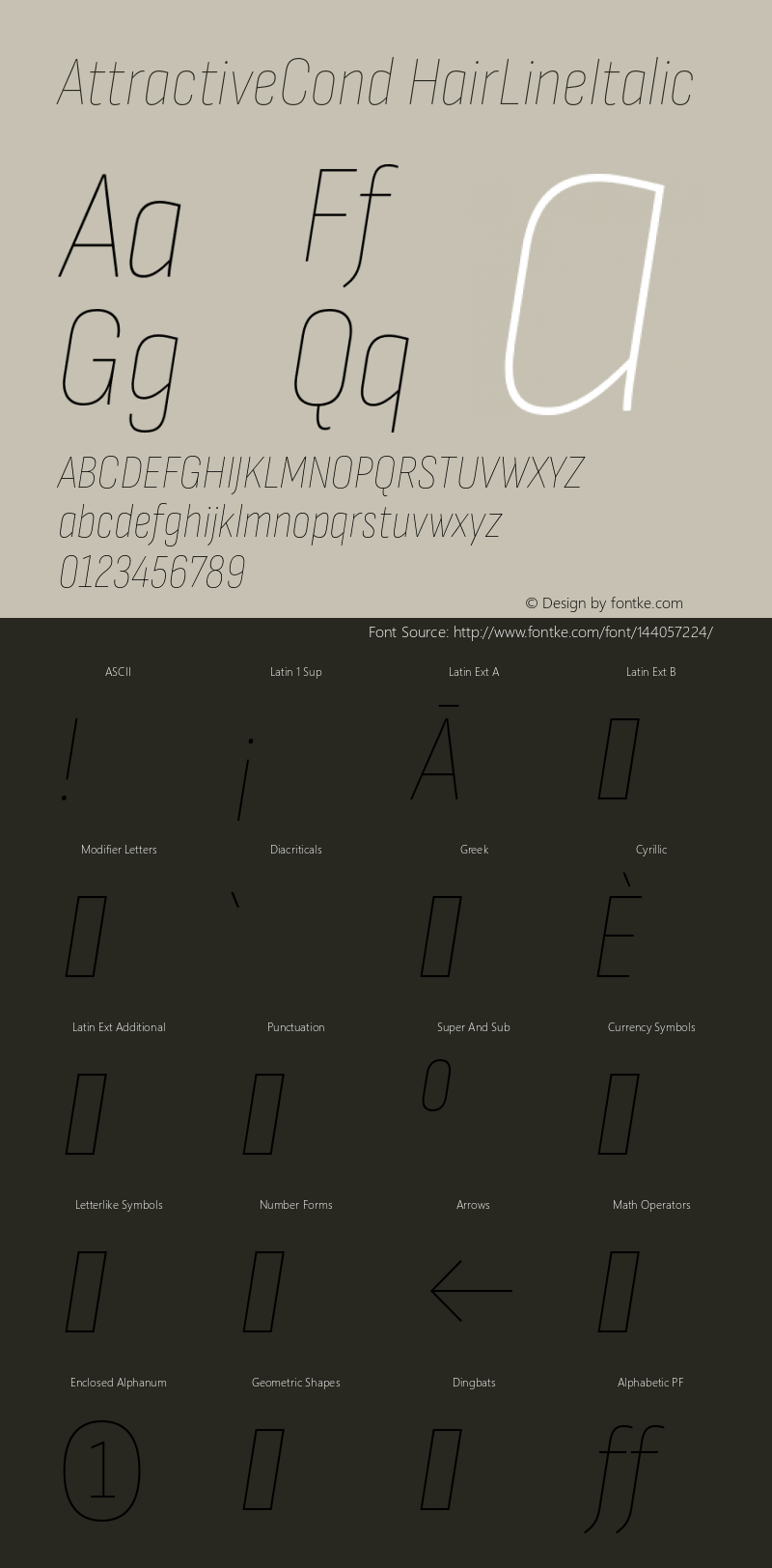 AttractiveCond HairLineItalic Version 3.001;PS 003.001;hotconv 1.0.88;makeotf.lib2.5.64775 Font Sample