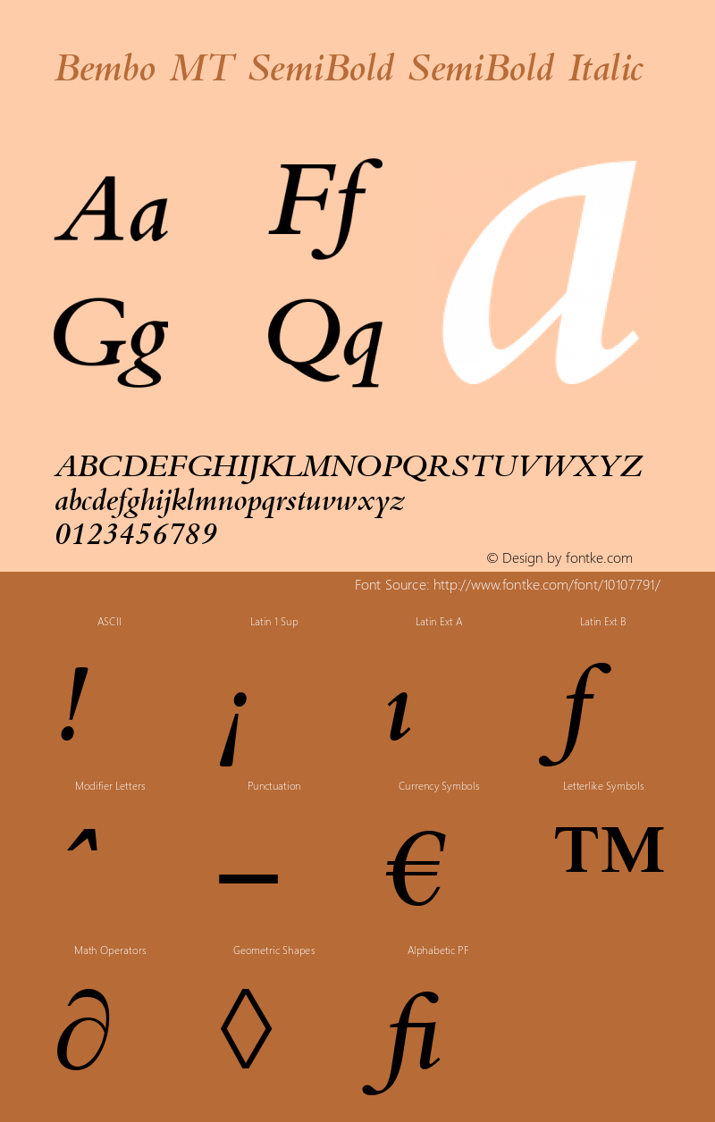 Bembo MT SemiBold SemiBold Italic Version 1.00 - May 2001 Font Sample