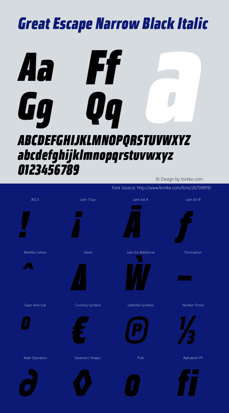 GreatEscapeNarrowBl-Italic Version 1.100 Font Sample