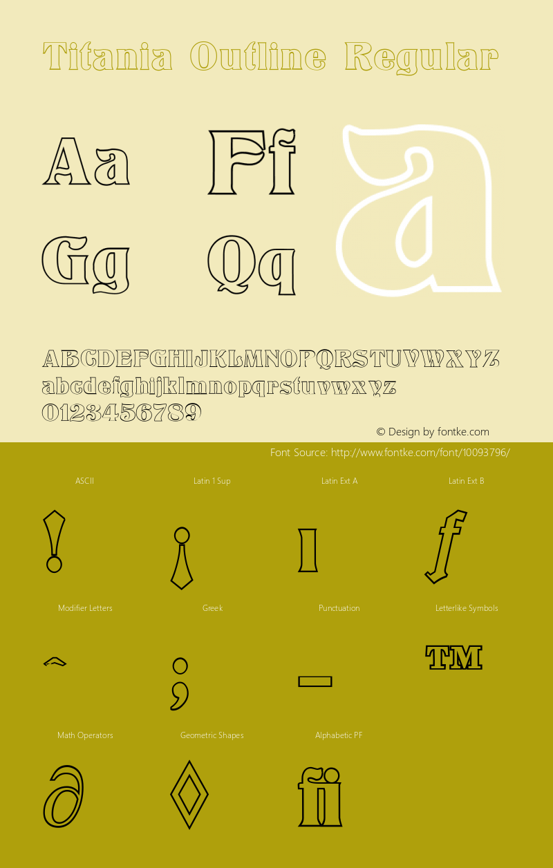 Titania Outline Regular Version 1.3; 2001 Font Sample