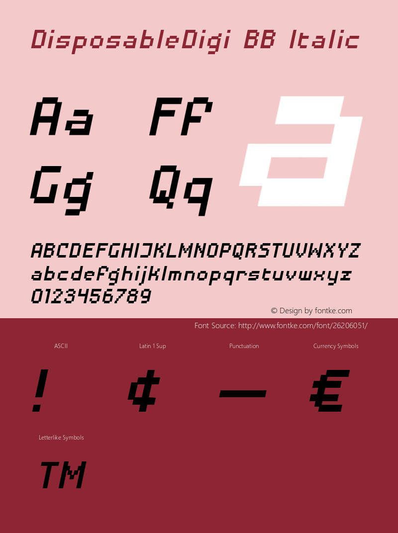 DisposableDigi BB Italic Version 1.000 Font Sample