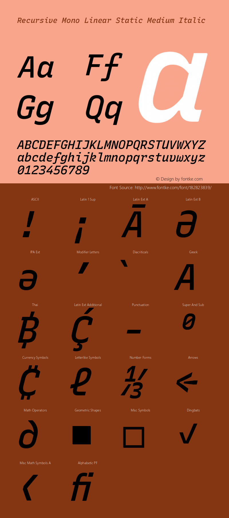 Recursive Mn Lnr St Med Italic Version 1.084;hotconv 1.0.112;makeotfexe 2.5.65598; ttfautohint (v1.8.3)图片样张