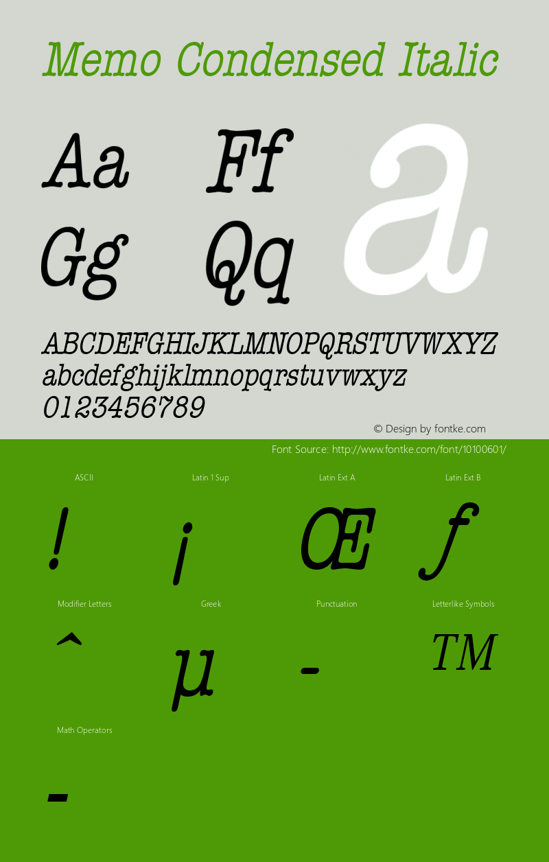 Memo Condensed Italic Altsys Fontographer 4.1 1/8/95 Font Sample
