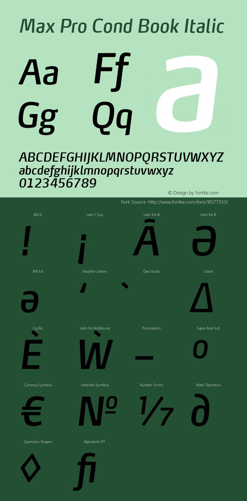 Max Pro Cond Book Italic Version 7.504; 2014; Build 1020; Font Sample