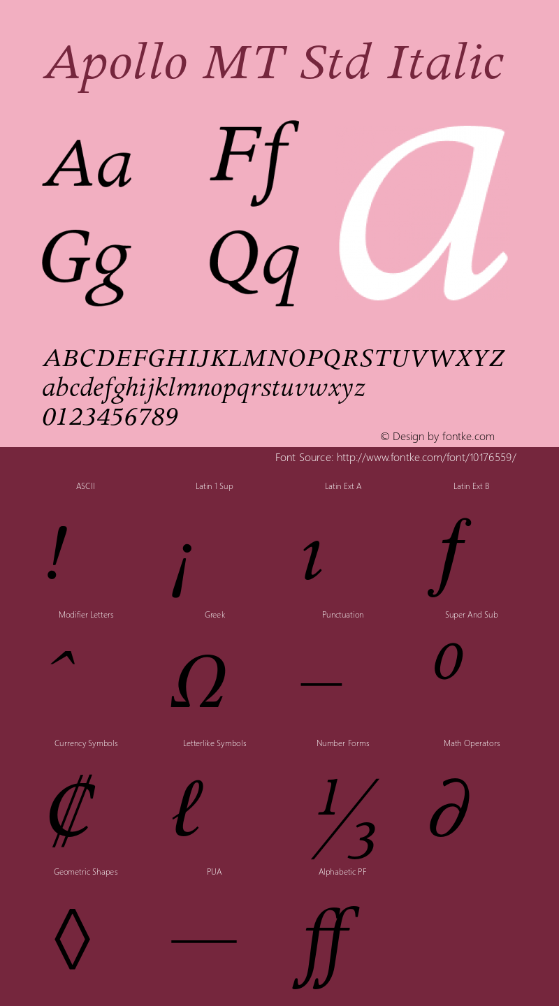 Apollo MT Std Italic Version 1.047;PS 001.000;Core 1.0.38;makeotf.lib1.6.5960 Font Sample