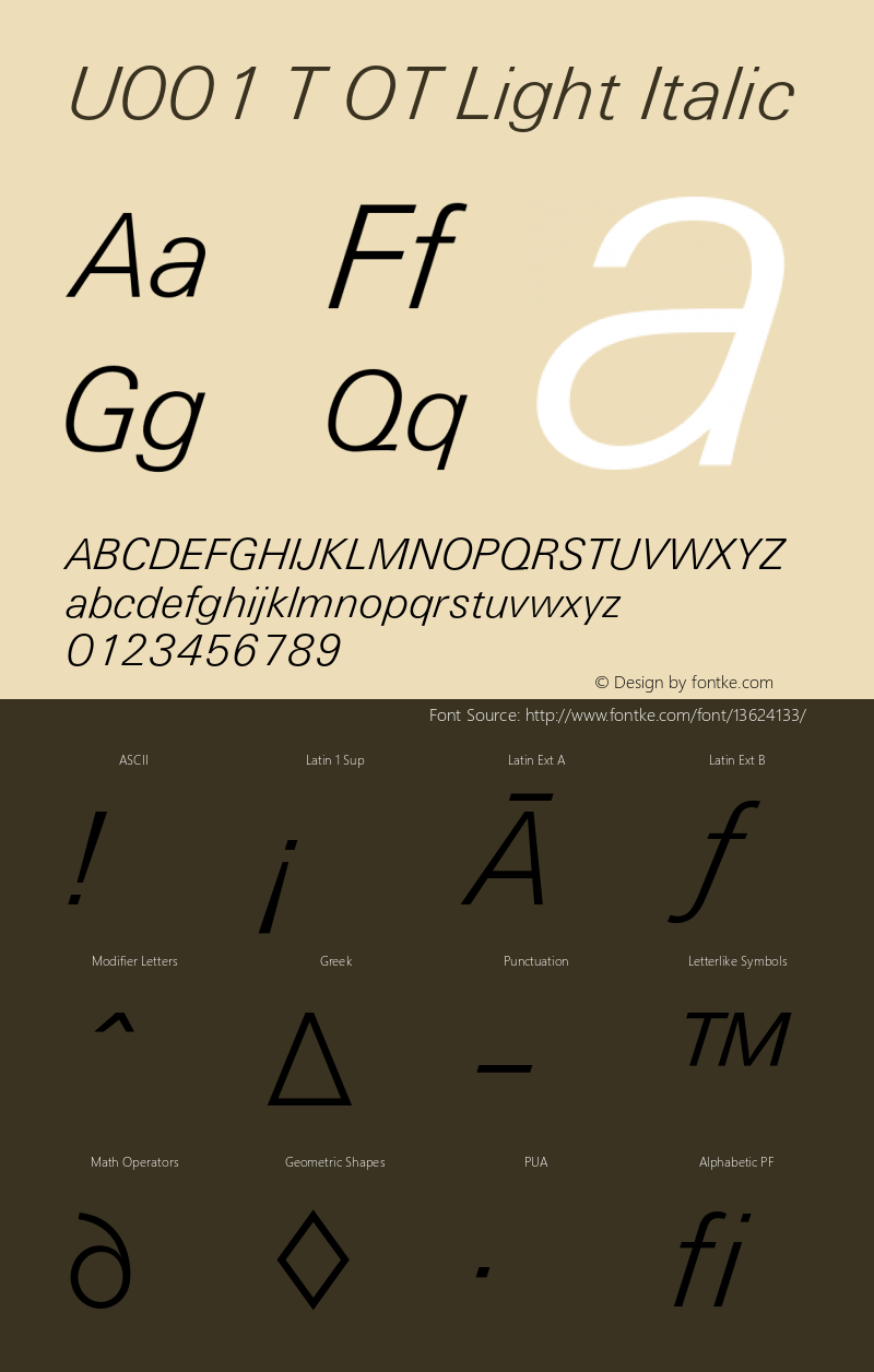 U001 T OT Light Italic OTF 1.001;PS 1.05;Core 1.0.27;makeotf.lib(1.11) Font Sample