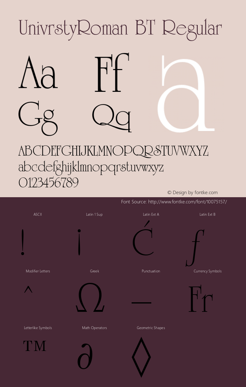 UnivrstyRoman BT Regular mfgpctt-v4.4 Dec 14 1998 Font Sample