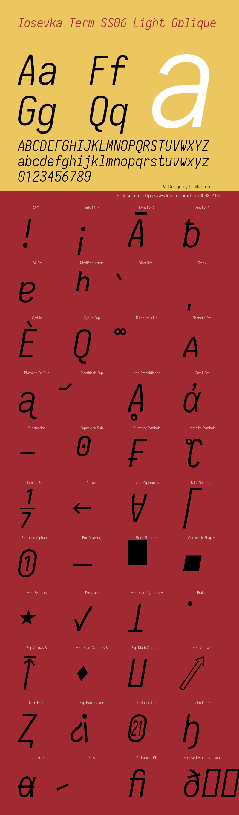 Iosevka Term SS06 Light Oblique 2.3.0; ttfautohint (v1.8.3) Font Sample