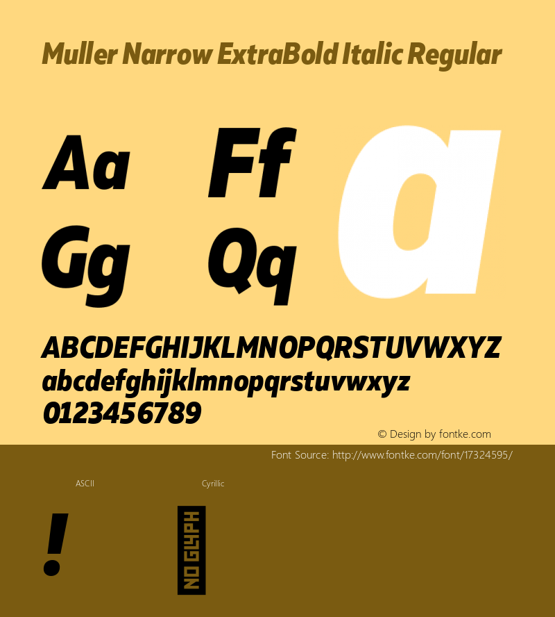Muller Narrow ExtraBold Italic Regular Version 1.000;PS 001.000;hotconv 1.0.88;makeotf.lib2.5.64775; ttfautohint (v1.4.1) Font Sample