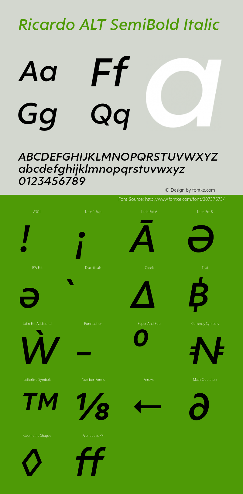 RicardoALT-SemiBoldItalic Version 1.010;PS 001.010;hotconv 1.0.88;makeotf.lib2.5.64775 Font Sample