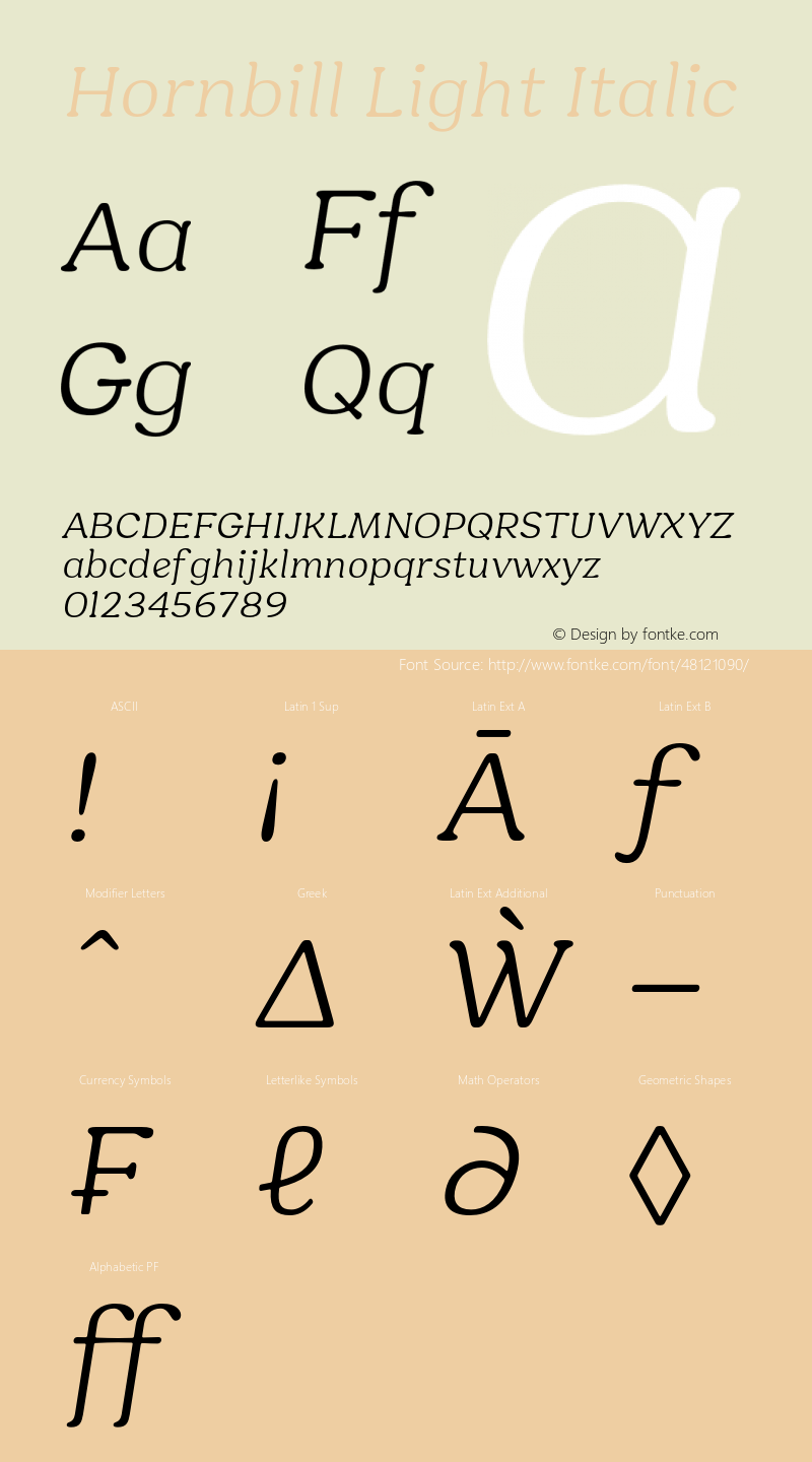 Hornbill-LightItalic Version 1.000 Font Sample