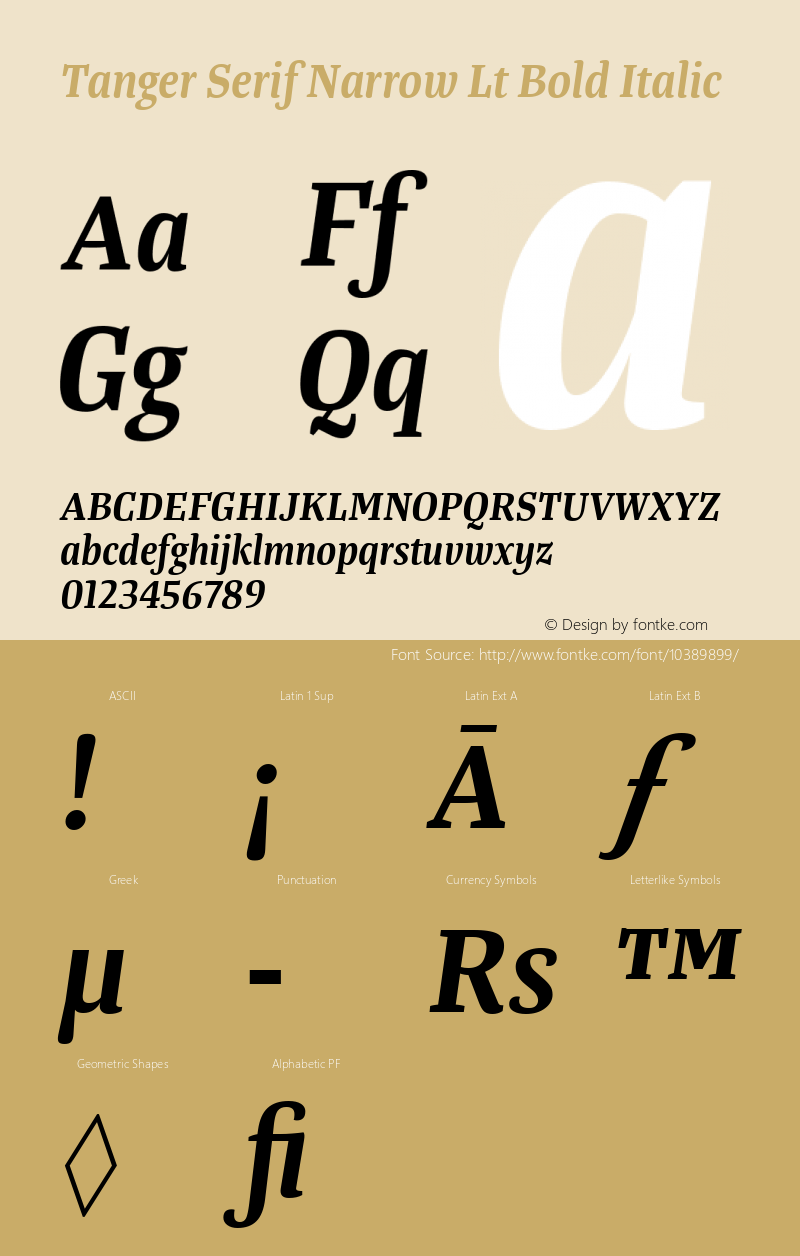 Tanger Serif Narrow Lt Bold Italic Version 3.000 Font Sample