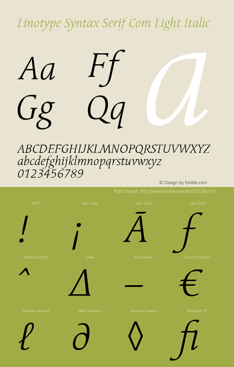 Linotype Syntax Serif Com Light Italic Version 1.01 Font Sample