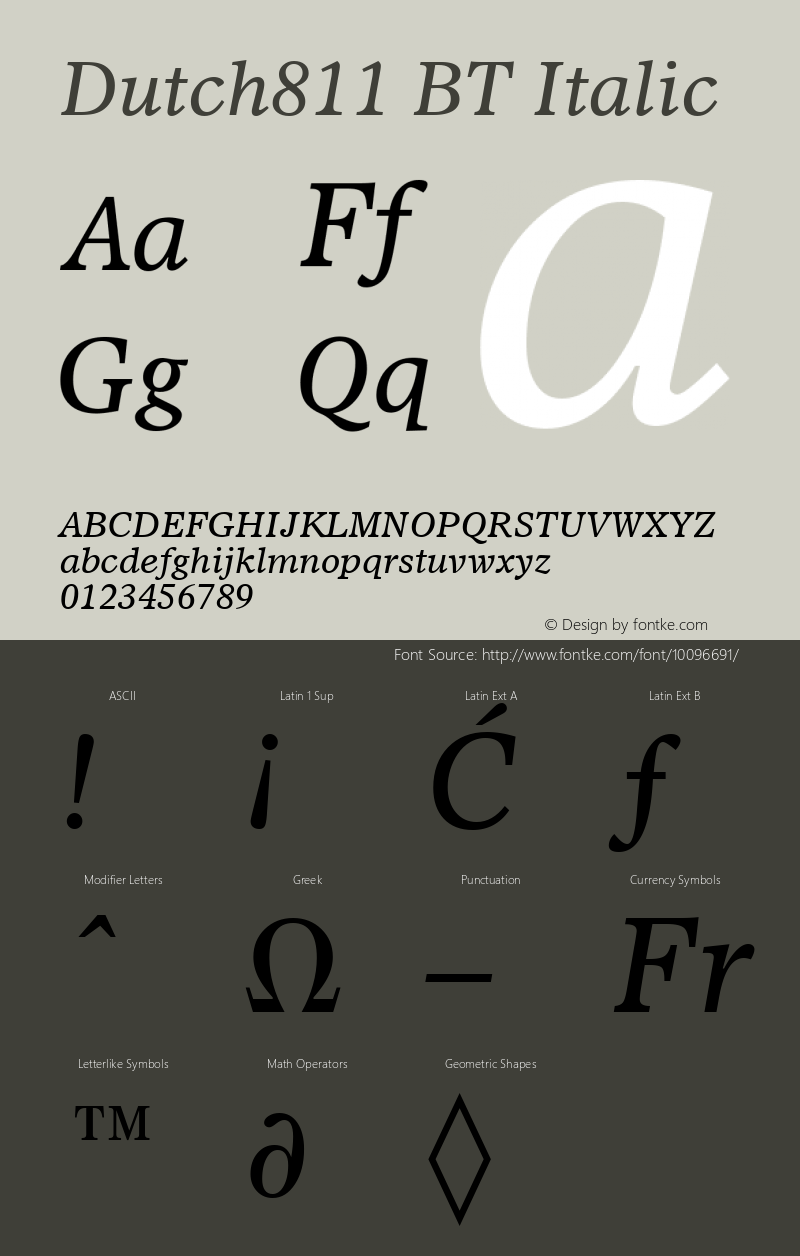 Dutch811 BT Italic Version 2.001 mfgpctt 4.4 Font Sample