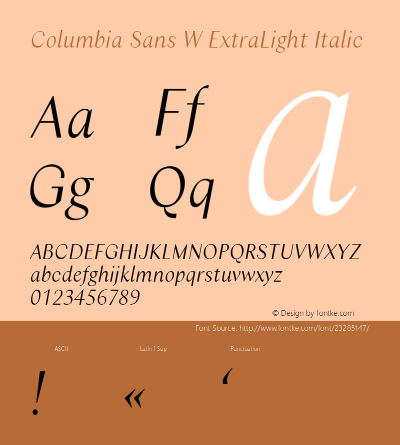 Columbia Sans W ExtraLight Italic Version 1.001;PS 1.1;hotconv 1.0.88;makeotf.lib2.5.647800; ttfautohint (v1.3.34-f4db) Font Sample