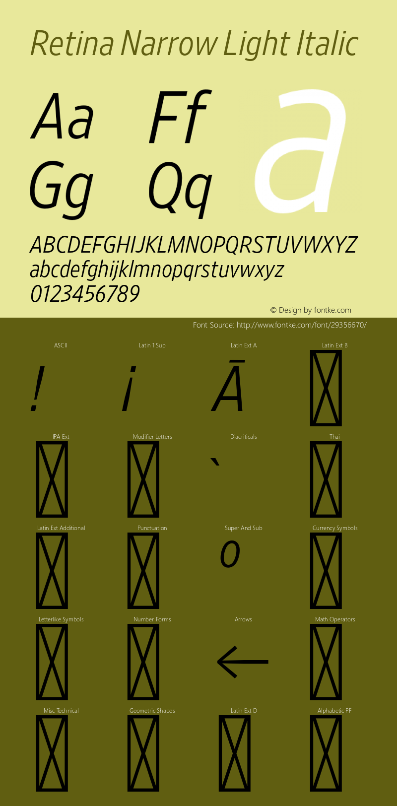 RetinaNarrow-LightItalic Version 1.001;PS 0.000;hotconv 16.6.51;makeotf.lib2.5.65220 Font Sample