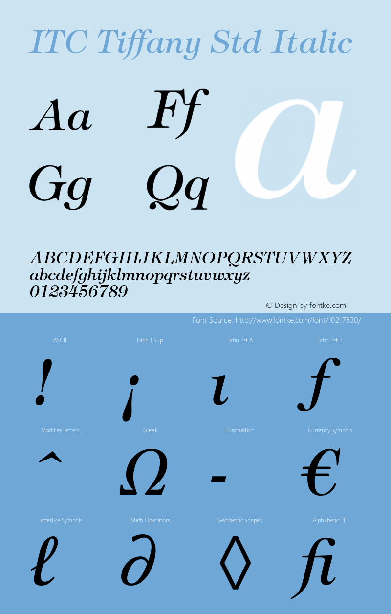 ITC Tiffany Std Italic Version 2.036;PS 002.000;hotconv 1.0.50;makeotf.lib2.0.16970 Font Sample