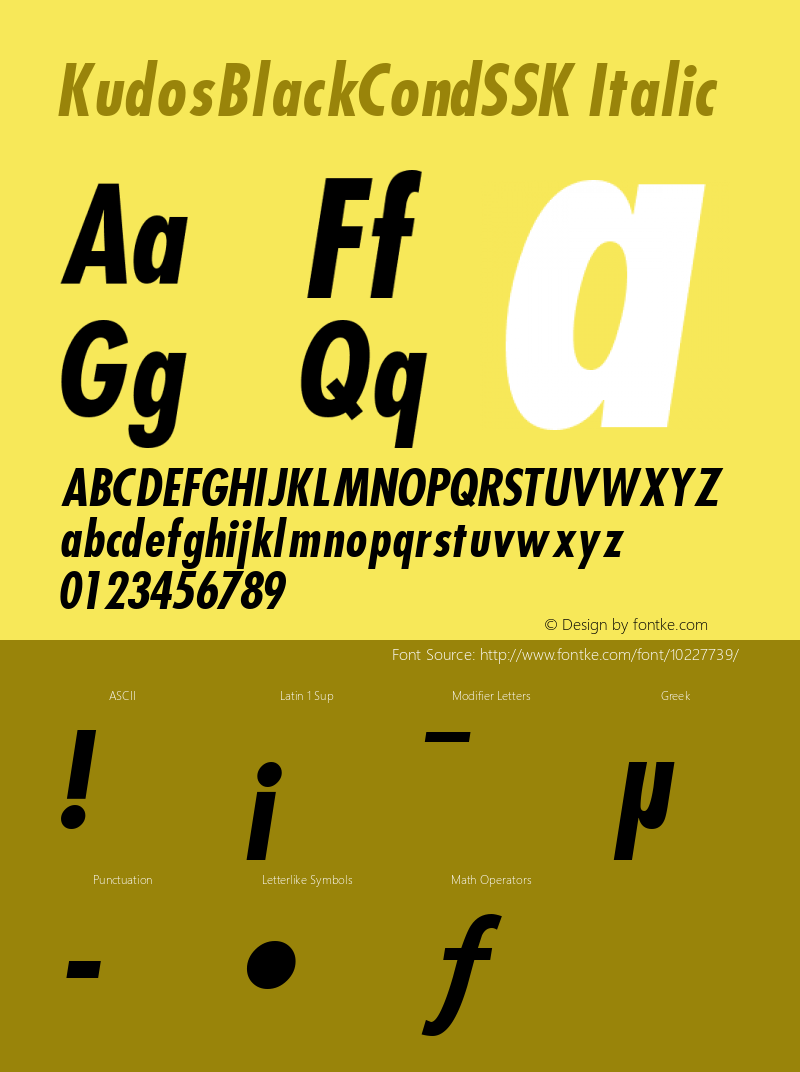 KudosBlackCondSSK Italic Macromedia Fontographer 4.1 8/4/95 Font Sample