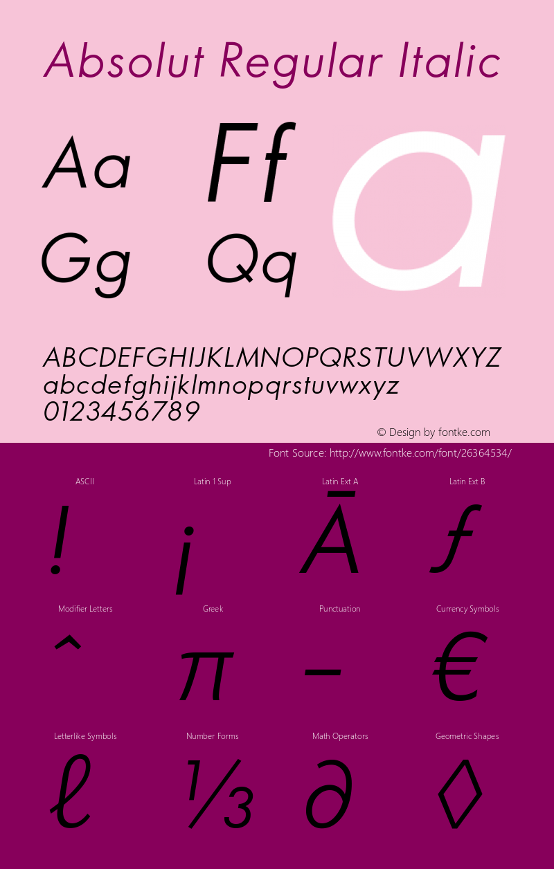 Absolut-RegularItalic Version 1.000 Font Sample