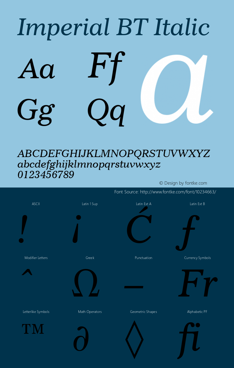 Imperial BT Italic Version 1.01 emb4-OT Font Sample