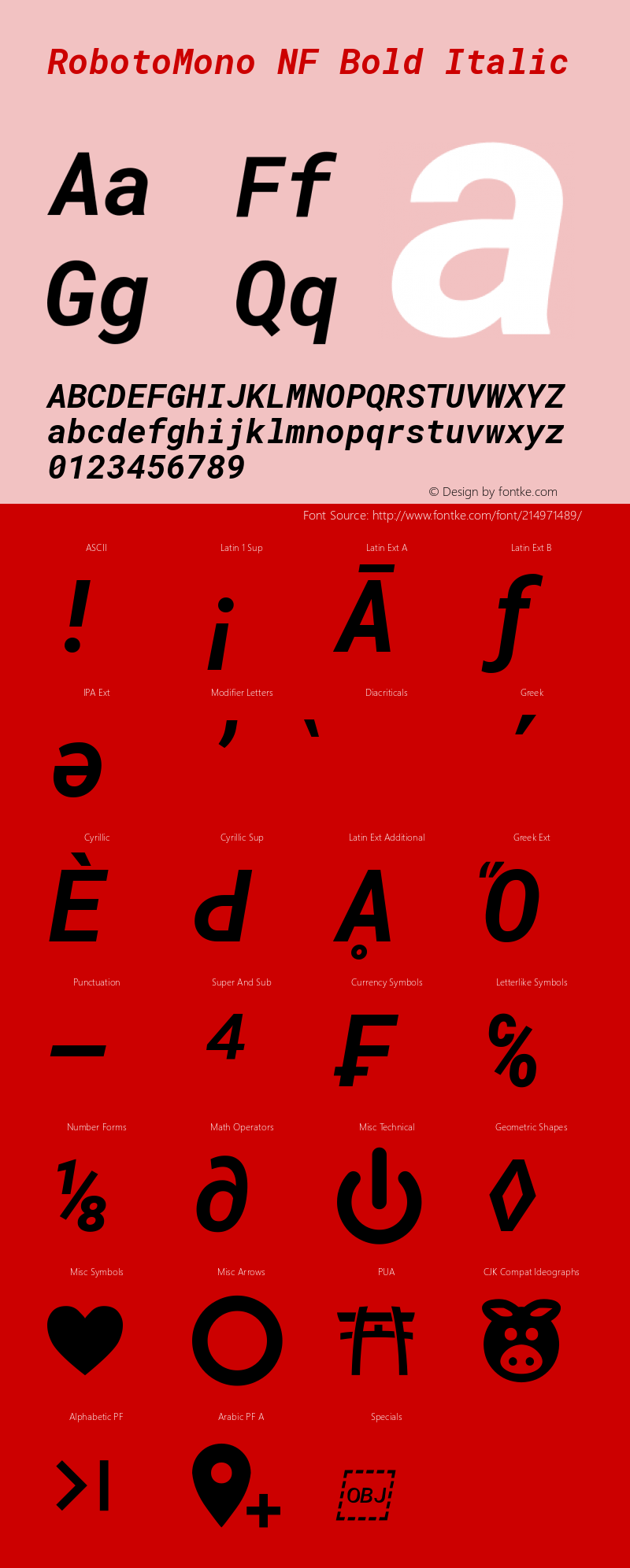 Roboto Mono Bold Italic Nerd Font Complete Windows Compatible Version 2.000986; 2015; ttfautohint (v1.3);Nerd Fonts 2.1.0图片样张