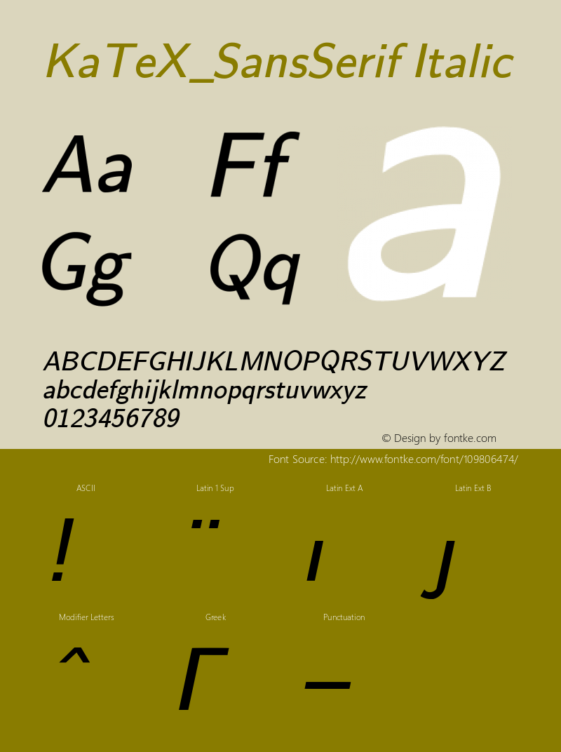 KaTeX_SansSerif-Italic Version 0.0.4 Font Sample