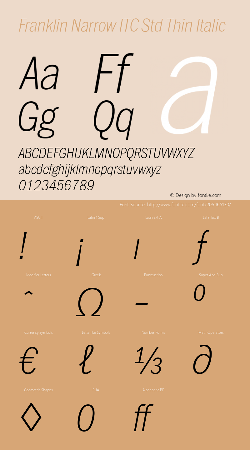 Franklin Narrow ITC Std Thin Italic Version 1.01图片样张