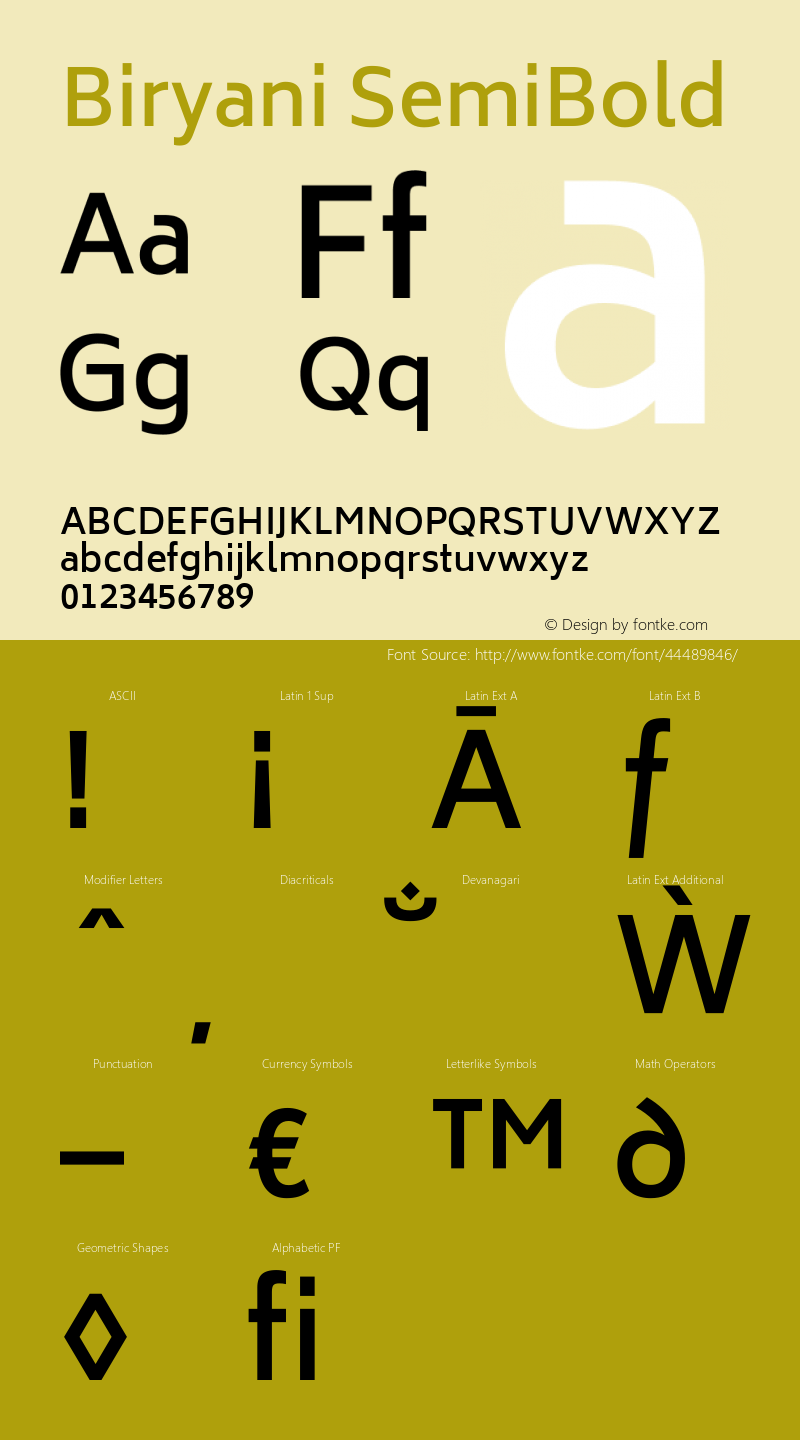 Biryani SemiBold Version 1.004; ttfautohint (v1.1) -l 5 -r 5 -G 72 -x 0 -D latn -f none -w gGD -W -c Font Sample