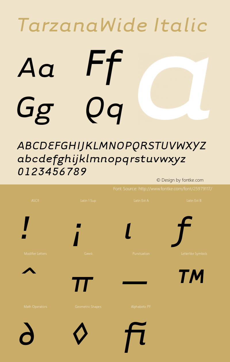 TarzanaWideItalic Version 001.000 Font Sample