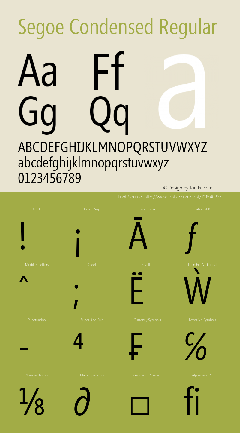 Segoe Condensed Regular Version 1.05 Font Sample