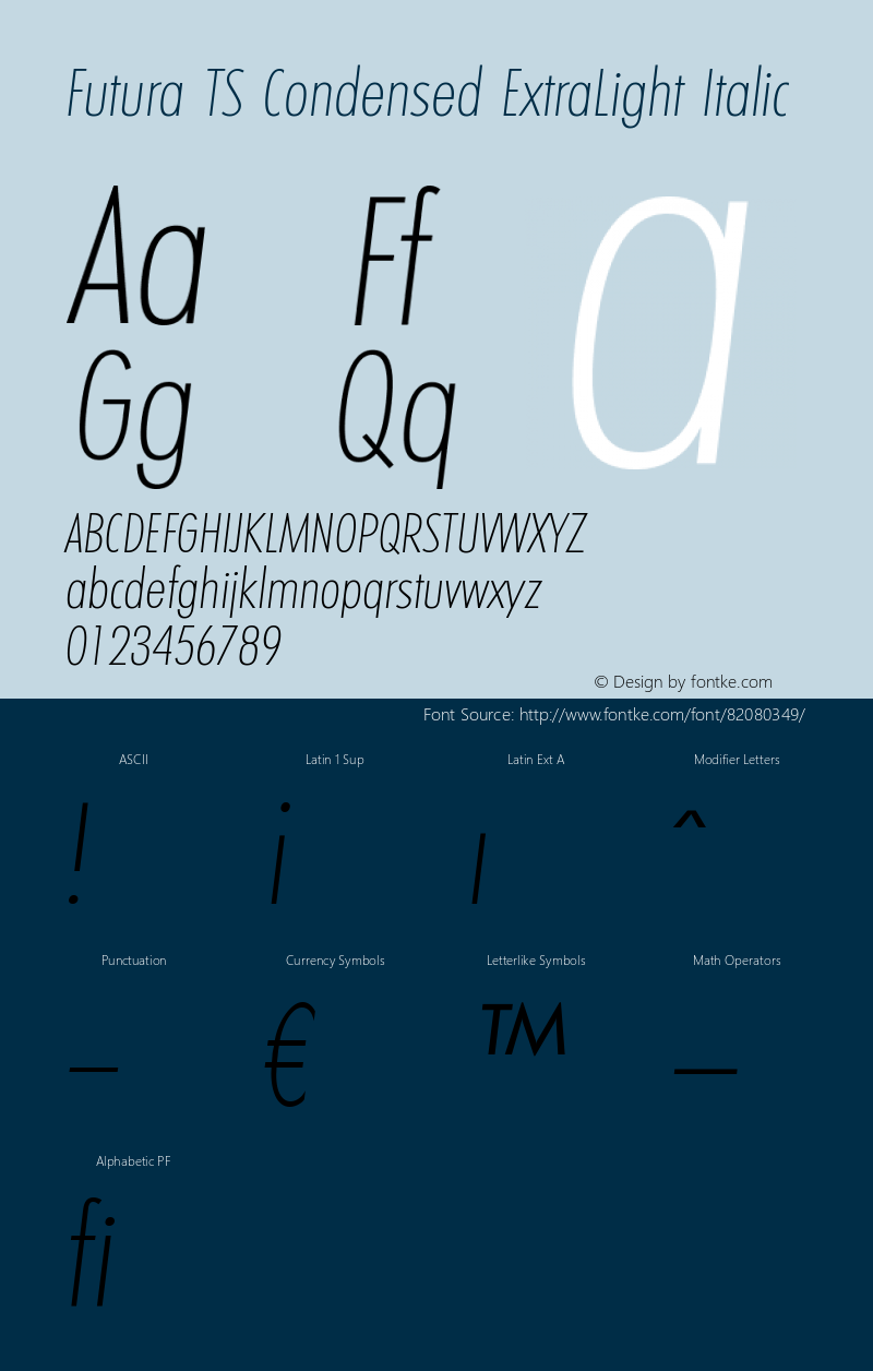 FuturaTSCondensed-ExtraLightItalic Version 3.01 2009 Font Sample