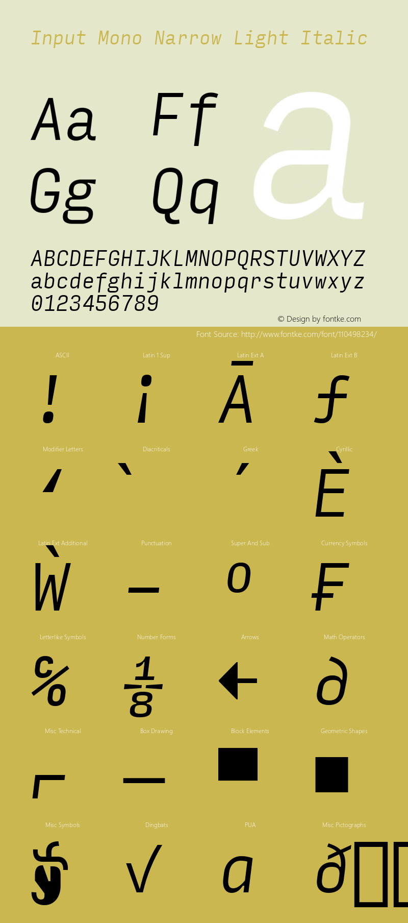 InputMonoNarrow LightIta Version 0.000;PS 0.0;hotconv 1.0.72;makeotf.lib2.5.5900 Font Sample