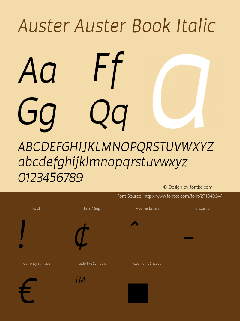 Auster Auster Book Italic Version 1.000;PS 001.000;hotconv 1.0.88;makeotf.lib2.5.64775 Font Sample