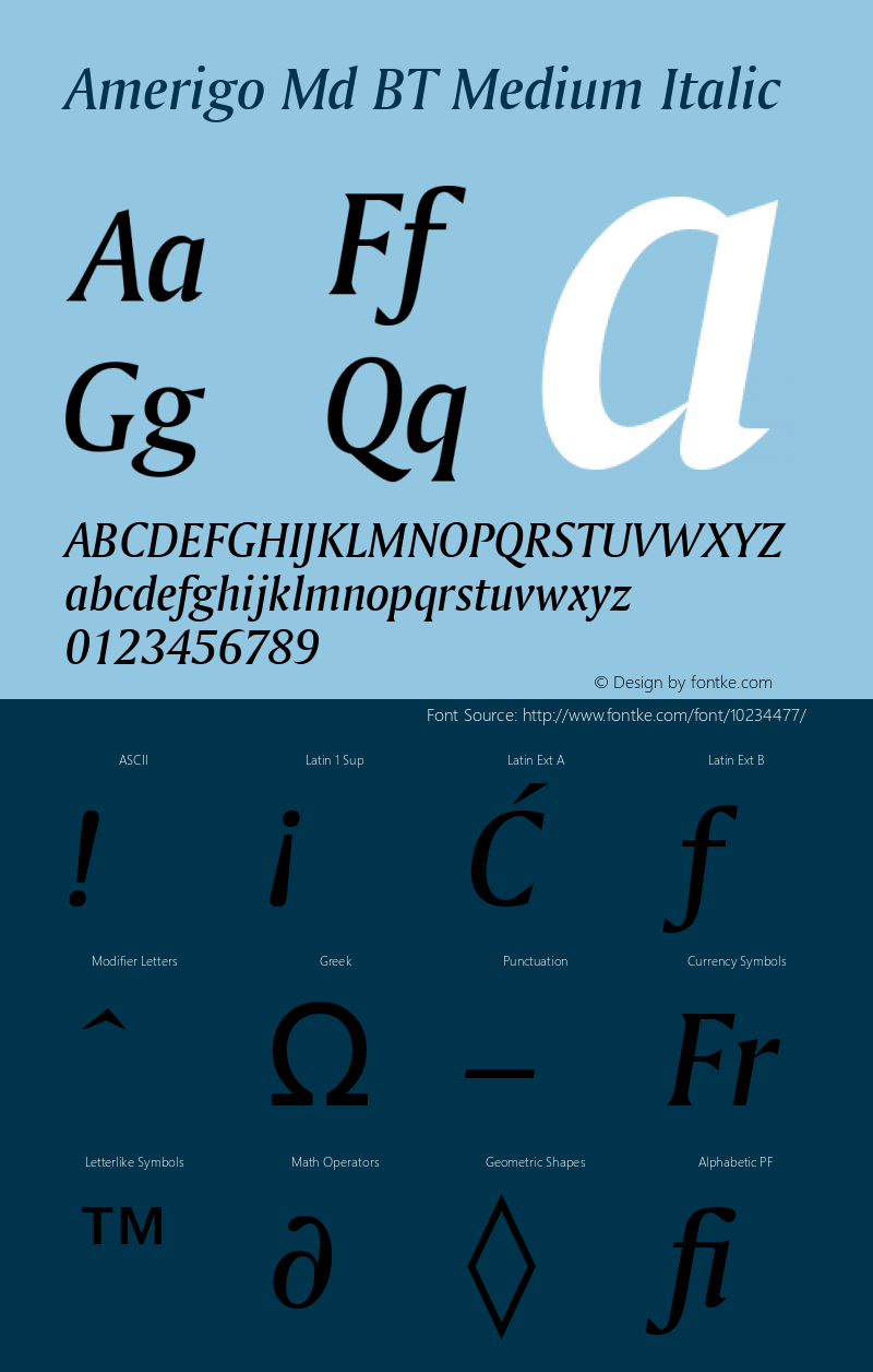 Amerigo Md BT Medium Italic Version 1.01 emb4-OT Font Sample