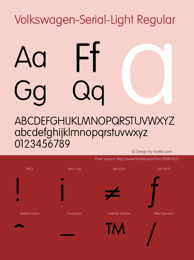 Volkswagen-Serial-Light Regular 1.0 Sat Oct 19 21:59:30 1996 Font Sample