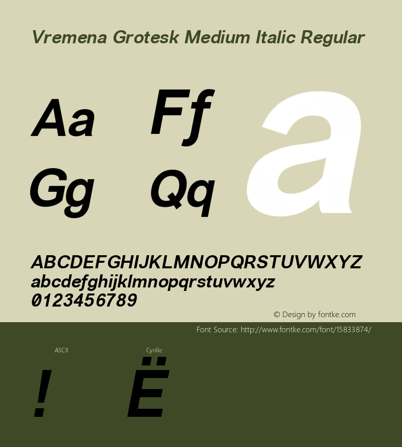 Vremena Grotesk Medium Italic Regular Version 001.001 ; ttfautohint (v1.4.1) Font Sample