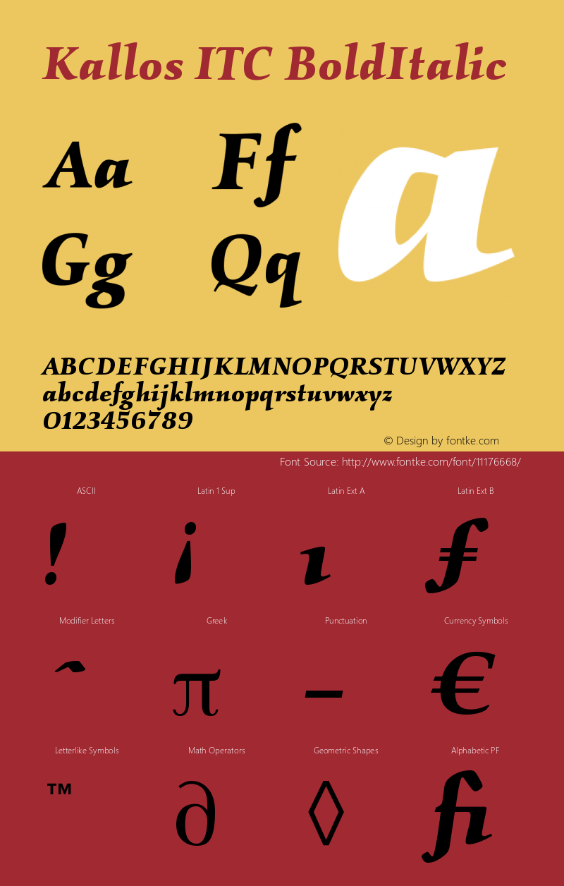 Kallos ITC BoldItalic Version 005.000 Font Sample