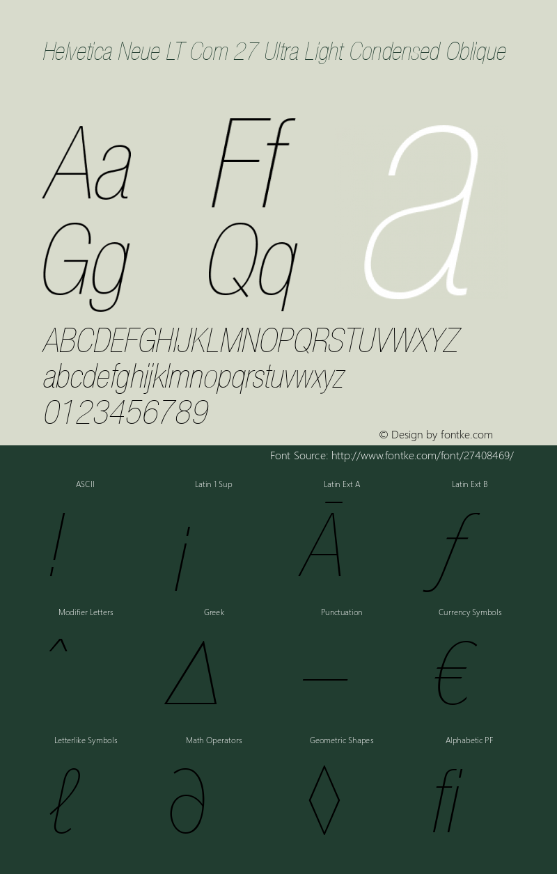 Helvetica Neue LT Com 27 Ultra Light Condensed Oblique Version 2.30 Font Sample