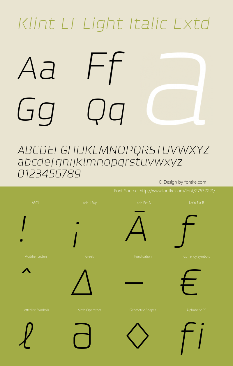 KlintLT-LightItalicExtd Version 1.001 Font Sample