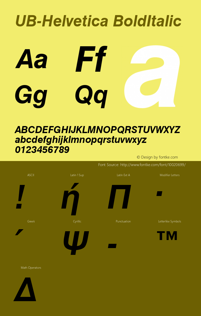 UB-Helvetica BoldItalic March 1996 Version 4.0 Font Sample