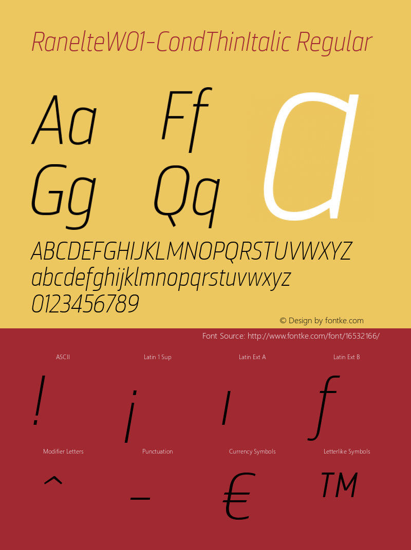 RanelteW01-CondThinItalic Regular Version 1.00 Font Sample