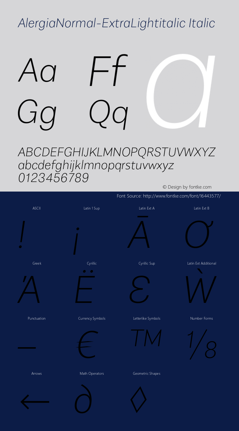 AlergiaNormal-ExtraLightitalic Italic Version 1.0 Font Sample