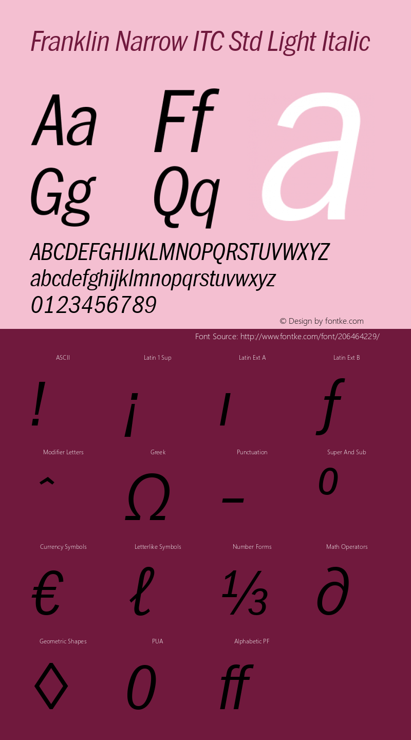 Franklin Narrow ITC Std Light Italic Version 1.01图片样张