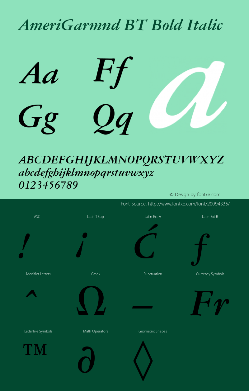 AmeriGarmnd BT Bold Italic mfgpctt-v4.4 Dec 8 1998 Font Sample