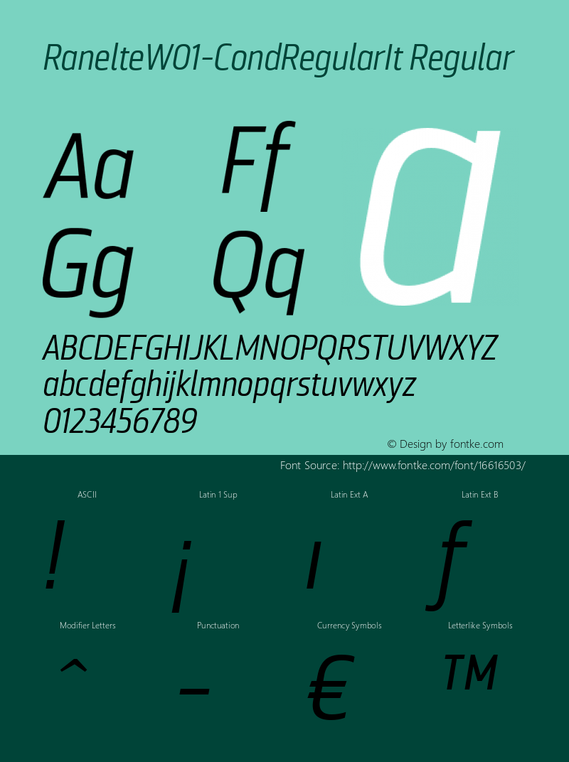 RanelteW01-CondRegularIt Regular Version 1.00 Font Sample