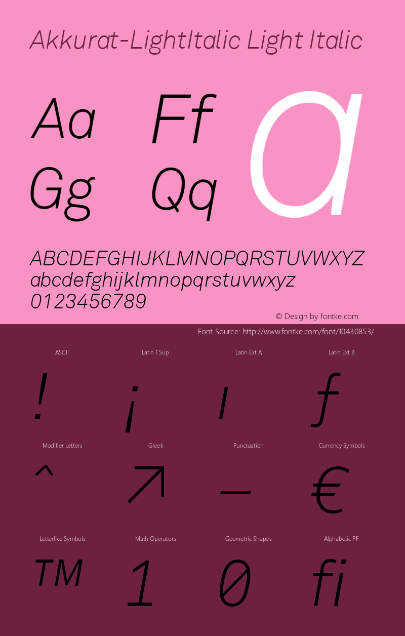 Akkurat-LightItalic Light Italic Version 001.002 Font Sample