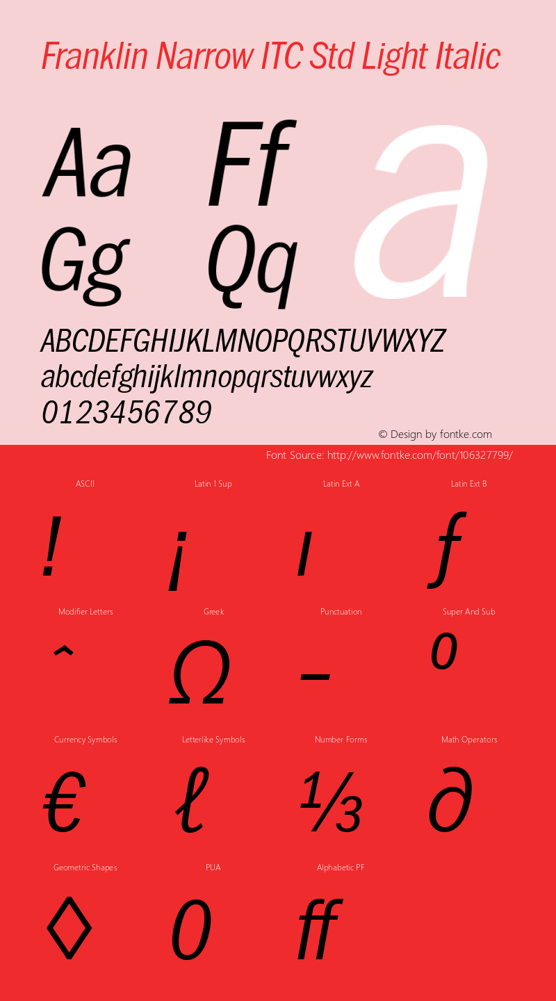 Franklin Narrow ITC Std Light Italic Version 1.00 Font Sample