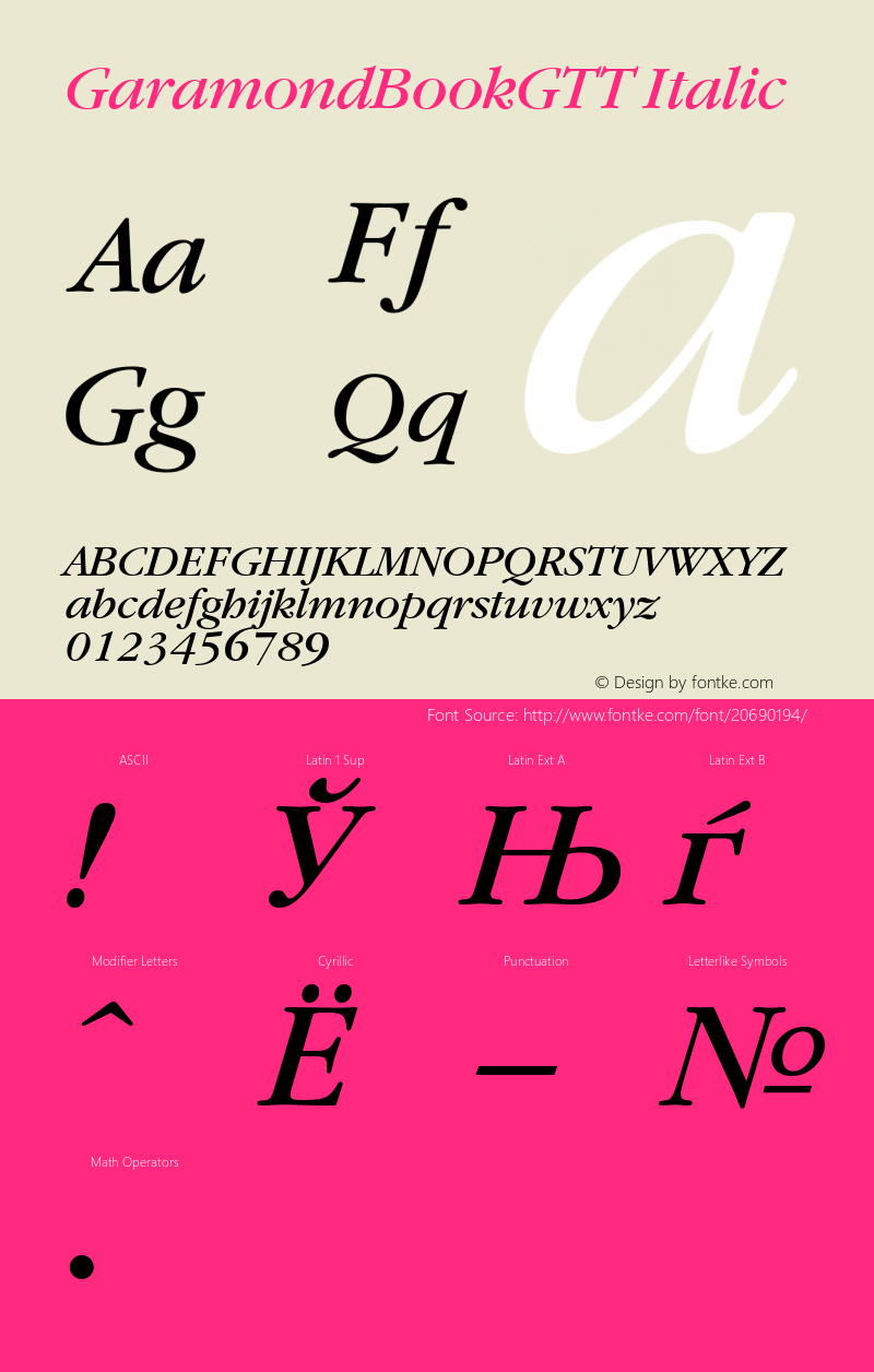 GaramondBookGTT Italic TrueType Maker version 3.00.00 Font Sample