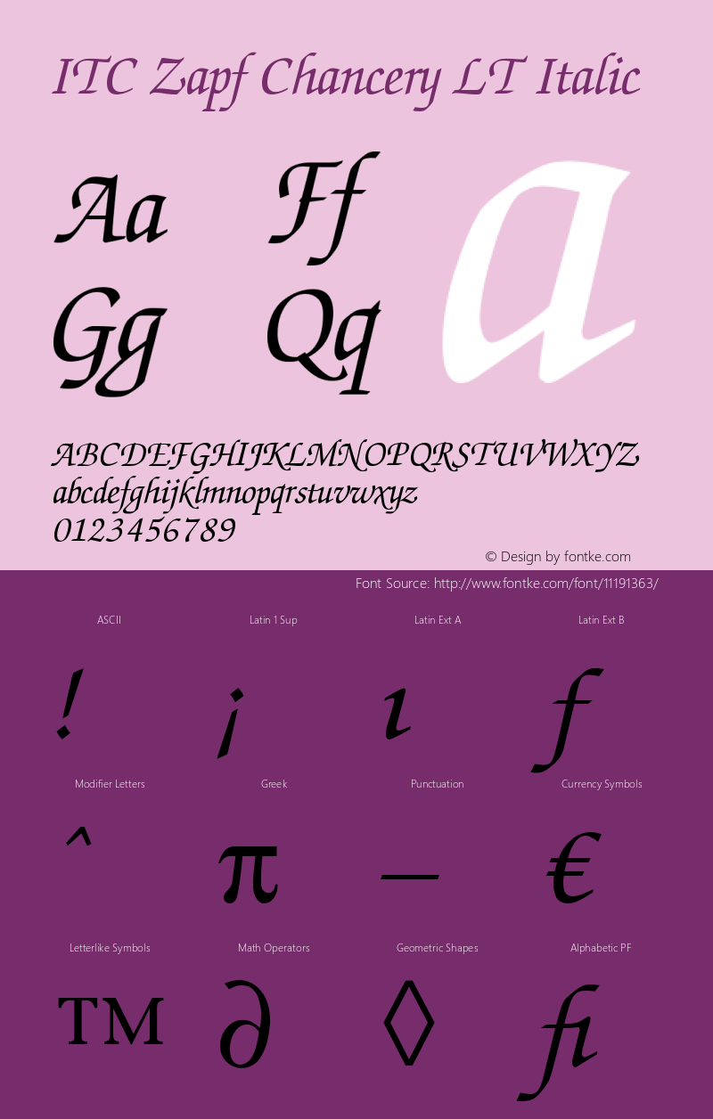 ITC Zapf Chancery LT Italic Version 006.000 Font Sample