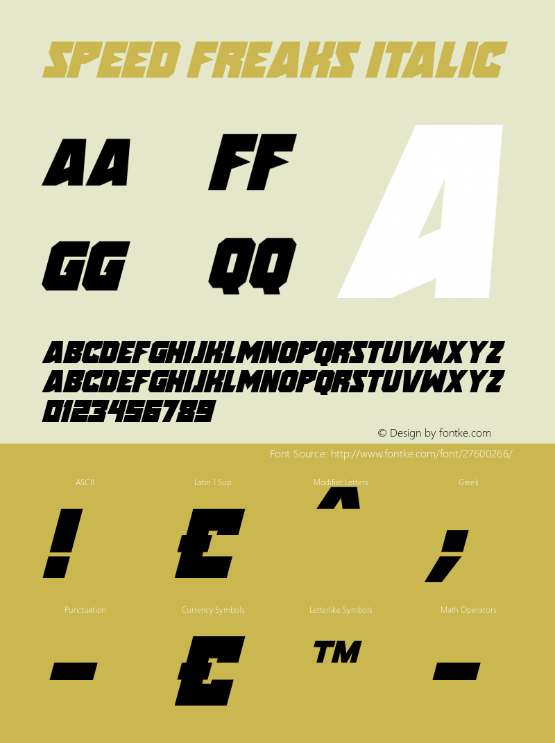 Speed Freaks Italic Version 1.00 November 15, 2018, initial release Font Sample